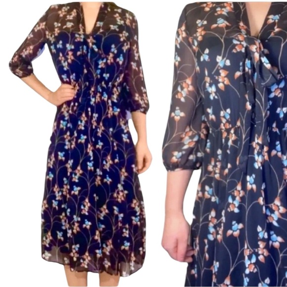 Miss Selfridge Dresses & Skirts - Miss Selfridge neck Bow, Button front, floral, midi dress navy cottage
